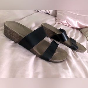 Womens 6.5 small black wedge sandal, cork, boho, slide